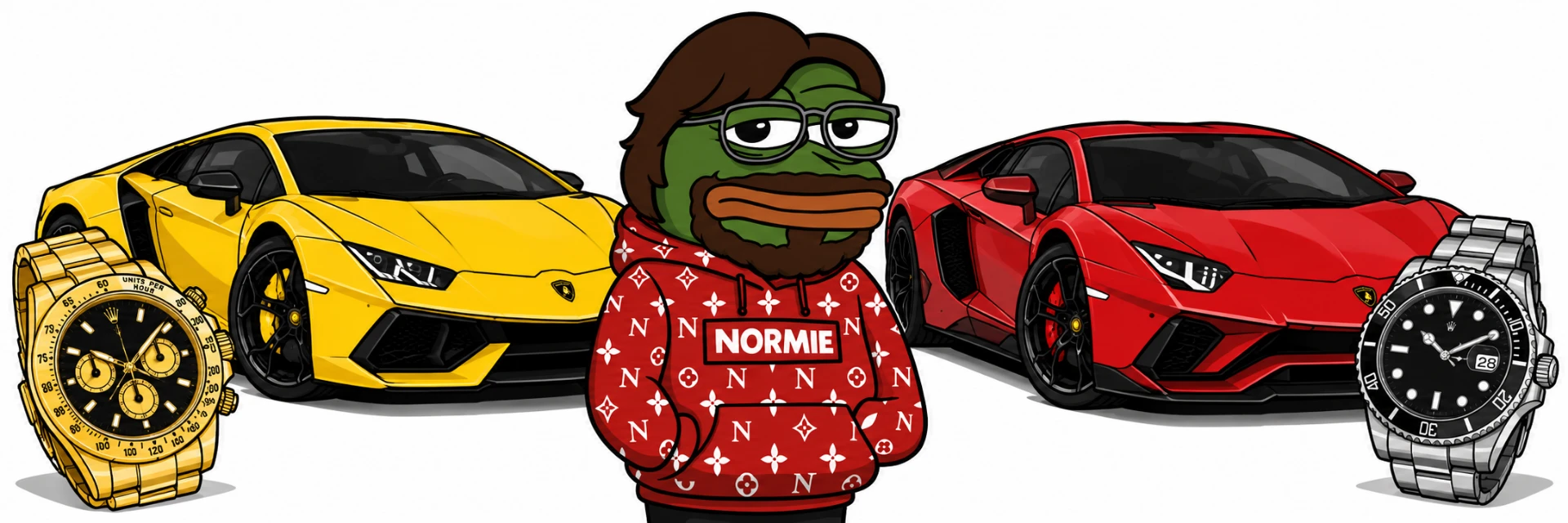 $Normie mascot standing between two Lamborghinis and luxury watches